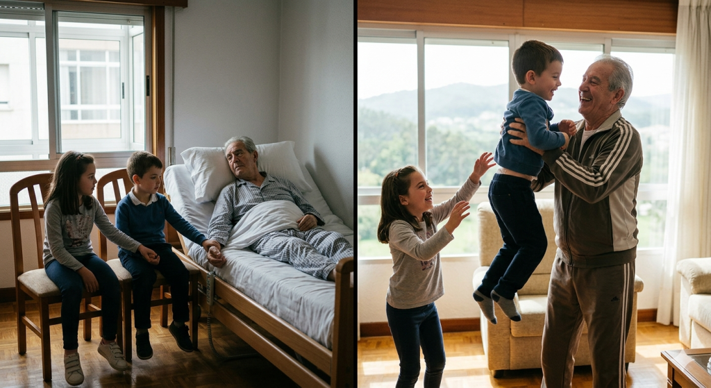 Fotografía que contrasta dos realidades del envejecimiento: a la izquierda, un señor mayor encamado y frágil observado a sus nietos; a la derecha, el mismo hombre mayor vital y sonriente mientras juega alegremente con los dos niños. Una comparativa sobre la dependencia o la independencia en la tercera edad que provoca ser sedentario o activo