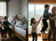 Fotografía que contrasta dos realidades del envejecimiento: a la izquierda, un señor mayor encamado y frágil observado a sus nietos; a la derecha, el mismo hombre mayor vital y sonriente mientras juega alegremente con los dos niños. Una comparativa sobre la dependencia o la independencia en la tercera edad que provoca ser sedentario o activo