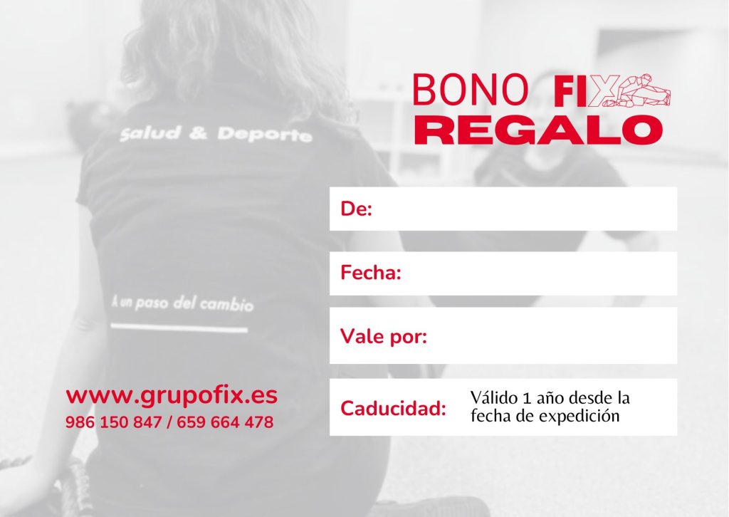 Diseño elegante del bono regalo personalizado de la clínica FIX Vigo, un obsequio de salud que incluye sesiones de fisioterapia, nutrición o entrenamiento a medida