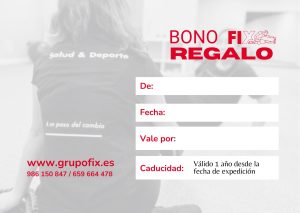 Diseño elegante del bono regalo personalizado de la clínica FIX Vigo, un obsequio de salud que incluye sesiones de fisioterapia, nutrición o entrenamiento a medida