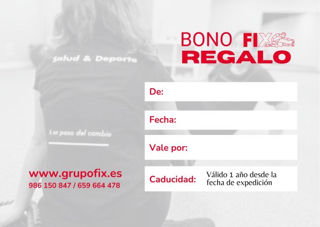 Diseño elegante del bono regalo personalizado de la clínica FIX Vigo, un obsequio de salud que incluye sesiones de fisioterapia, nutrición o entrenamiento a medida