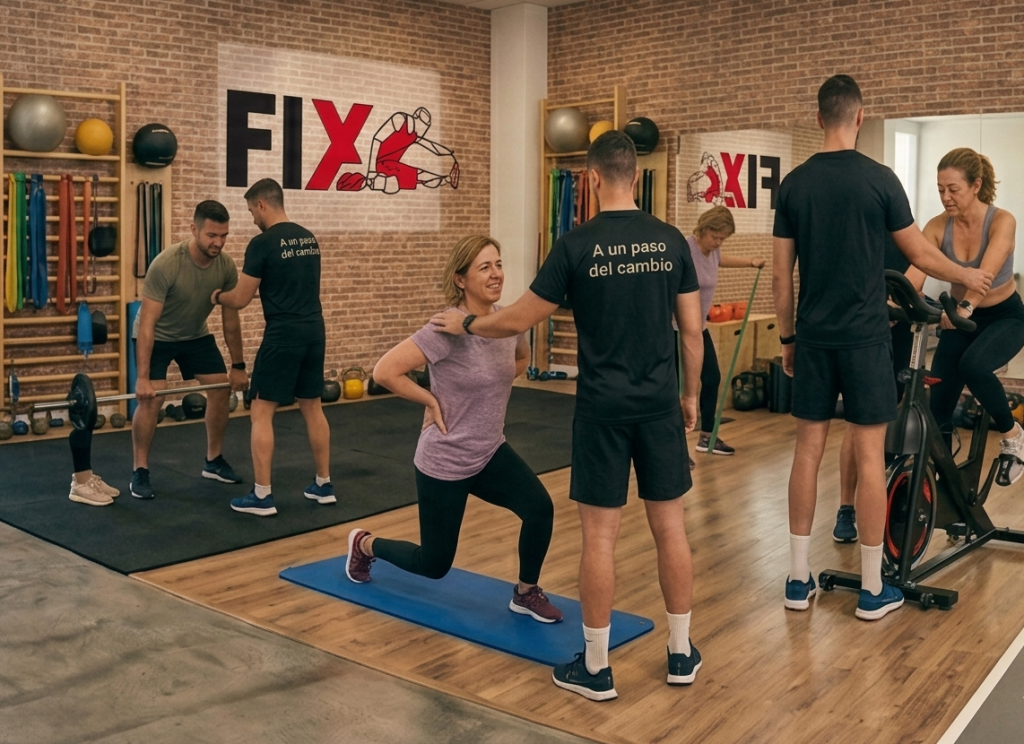 Simulación de cómo los entrenadores personales de FIX Salud y Deporte en Vigo podrían estar guiando un entrenamiento adaptado y seguro de ejercicio para el dolor crónico con varios pacientes.