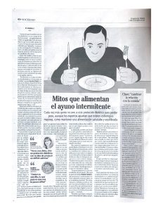Recorte de prensa del periódico Faro de Vigo con una entrevista a la dietista de FIX Salud y Deporte sobre los mitos del ayuno intermitente.
