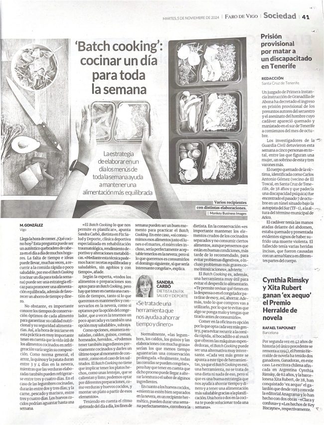 Recorte de prensa de Faro de Vigo con consejos de la dietista de FIX Salud y Deporte sobre cómo organizar el batch cooking semanal.