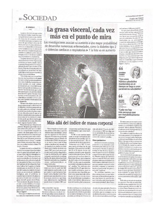Recorte de prensa de Faro de Vigo sobre los riesgos de la grasa visceral y el IMC con los expertos de FIX Salud y Deporte.